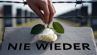 Eine weiße Rose auf einem Gedenkstein mit der Aufschrift: Nie wieder!