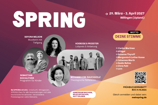 Ein farbenfrohes Plakat für die Veranstaltung "SPRING" vom 29. März bis 3. April 2027 in Willingen (Upland). Es zeigt verschiedene Personen, darunter Musiker und Referenten, sowie Informationen zu Programminhalten und einem QR-Code für weitere Details. (Text KI generiert)