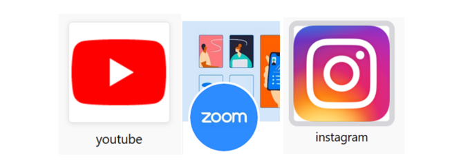 Drei App-Icons sind abgebildet: links das rote YouTube-Logo, in der Mitte das blaue Zoom-Logo und rechts das mehrfarbige Instagram-Logo.