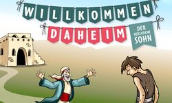 Ein Plakat für das Musical "Willkommen Daheim" mit bunten Illustrationen von zwei Figuren, die auf einer Bühne stehen. Das Datum ist der 10. Juli, der Veranstaltungsort ist das Allianzhaus in Bad Blankenburg. Informationen zu Eintritt und Spenden sind ebenfalls enthalten.