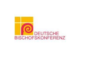 Logo der Deutschen Bischofskonferenz mit einem gelben Quadrat und einer roten Spirale. Darunter steht der Schriftzug "DEUTSCHE BISCHOFSKONFERENZ" in pinker Schrift. (Text KI generiert)